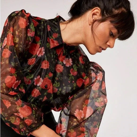 ♥️ Blashe Sheer Dramatic Floral Puff Sleeve Blouse - Picture 10 of 10